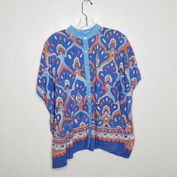 J. McLaughlin Button Front Poncho Printed Blue Orange Boxy Relaxed Women XS - Picture 6 of 10
